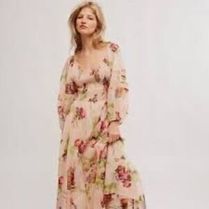 Free People Pink Floral Maxi Dress Square Neck Smocked Puff‎ Sleeve Boho